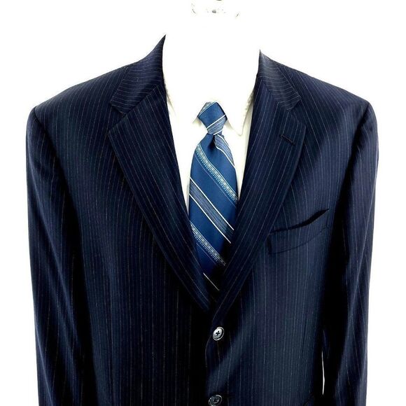 Hart Schaffner Marx‎ Wool 3 Button Suit Jacket 42L Blue W/ Blue Striped - Picture 1 of 12